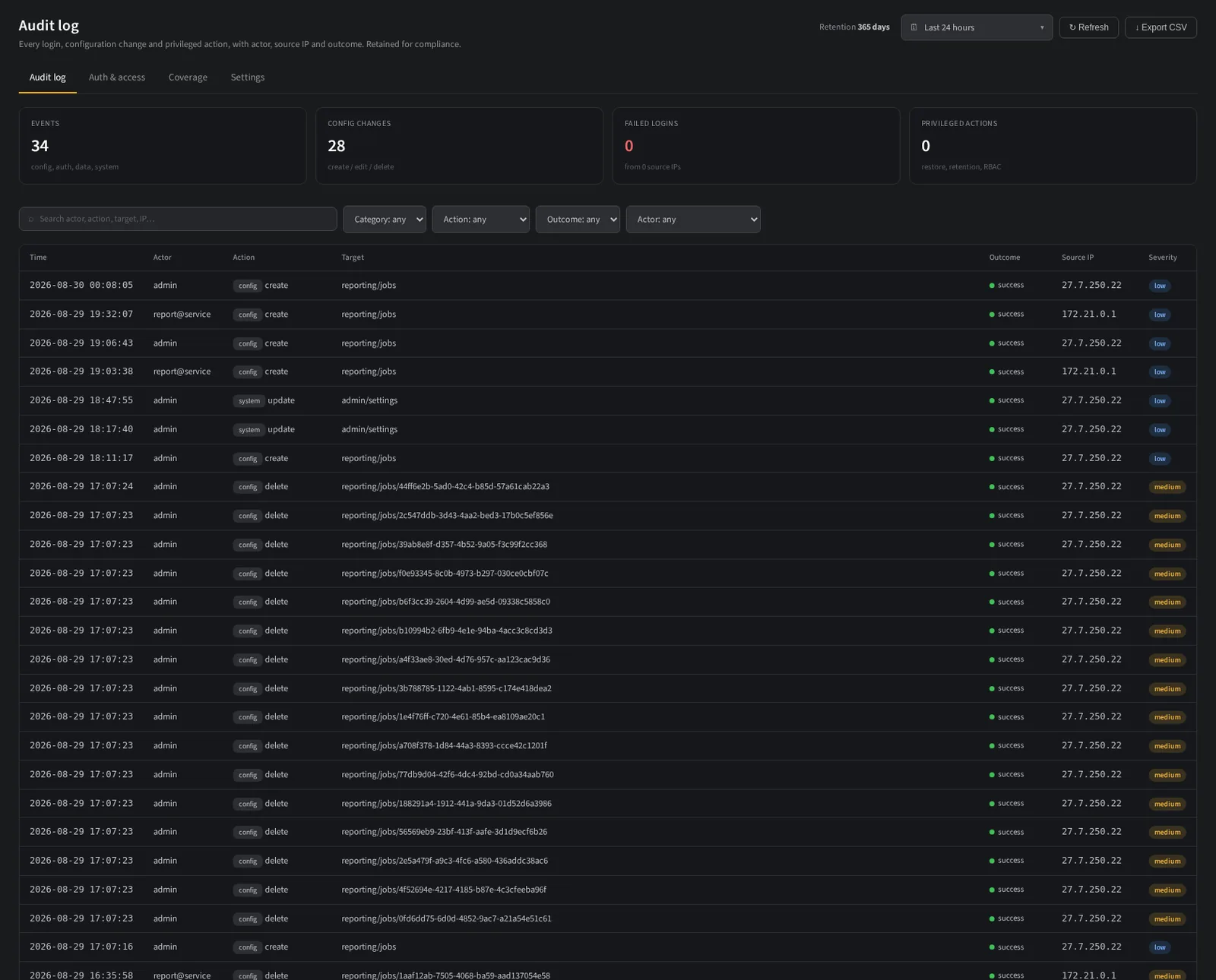 The NullSOC audit log listing actor, action, object and timestamp for every administrative change.