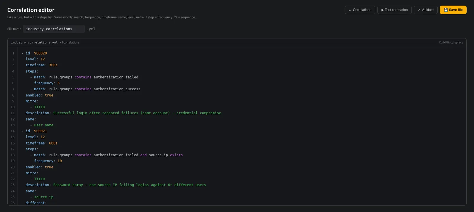 The NullSOC correlation editor showing an entire correlation file as one highlighted YAML document.
