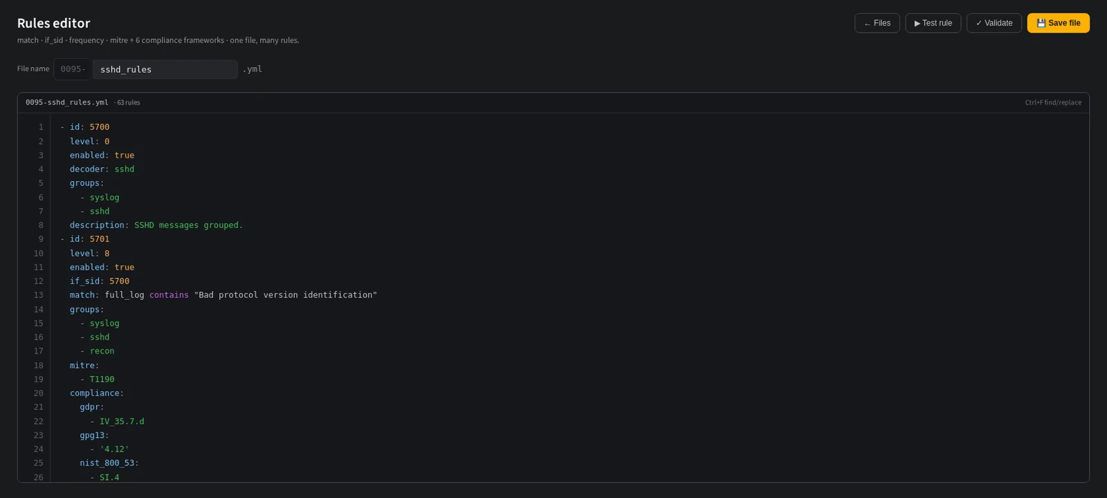 The NullSOC rule file editor: an entire rule file as one highlighted YAML document, with validate and test actions.