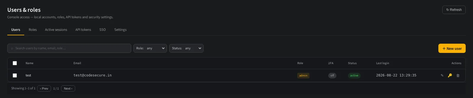 The user administration view listing accounts with their assigned roles.